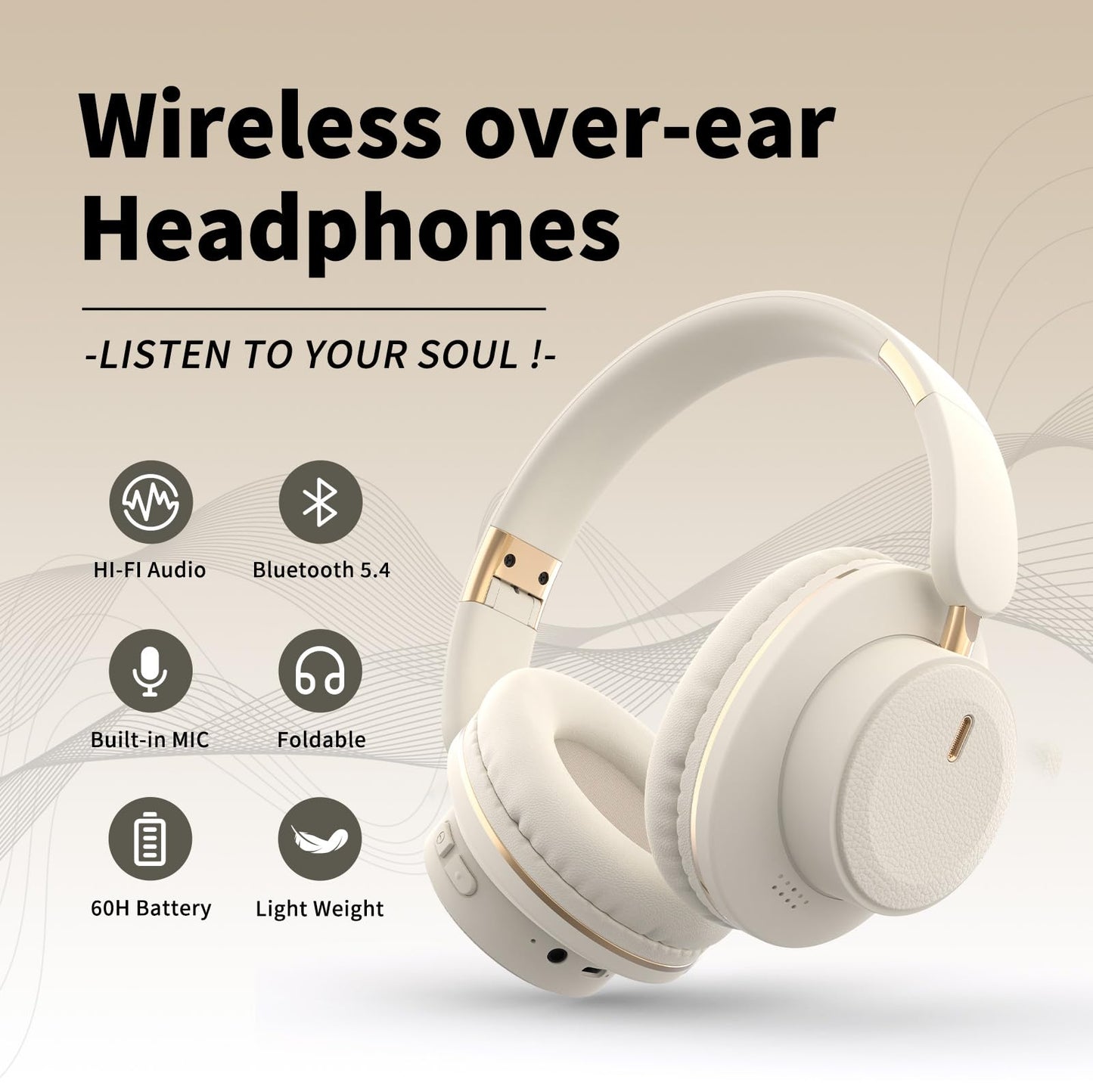 KUUCAT H9 Wireless Over-Ear Headphones with HiFi Surround Sound and 1.5m Audio Cable, 30Hr Long Battery Life,Lightweight,Comfortable and Foldable
