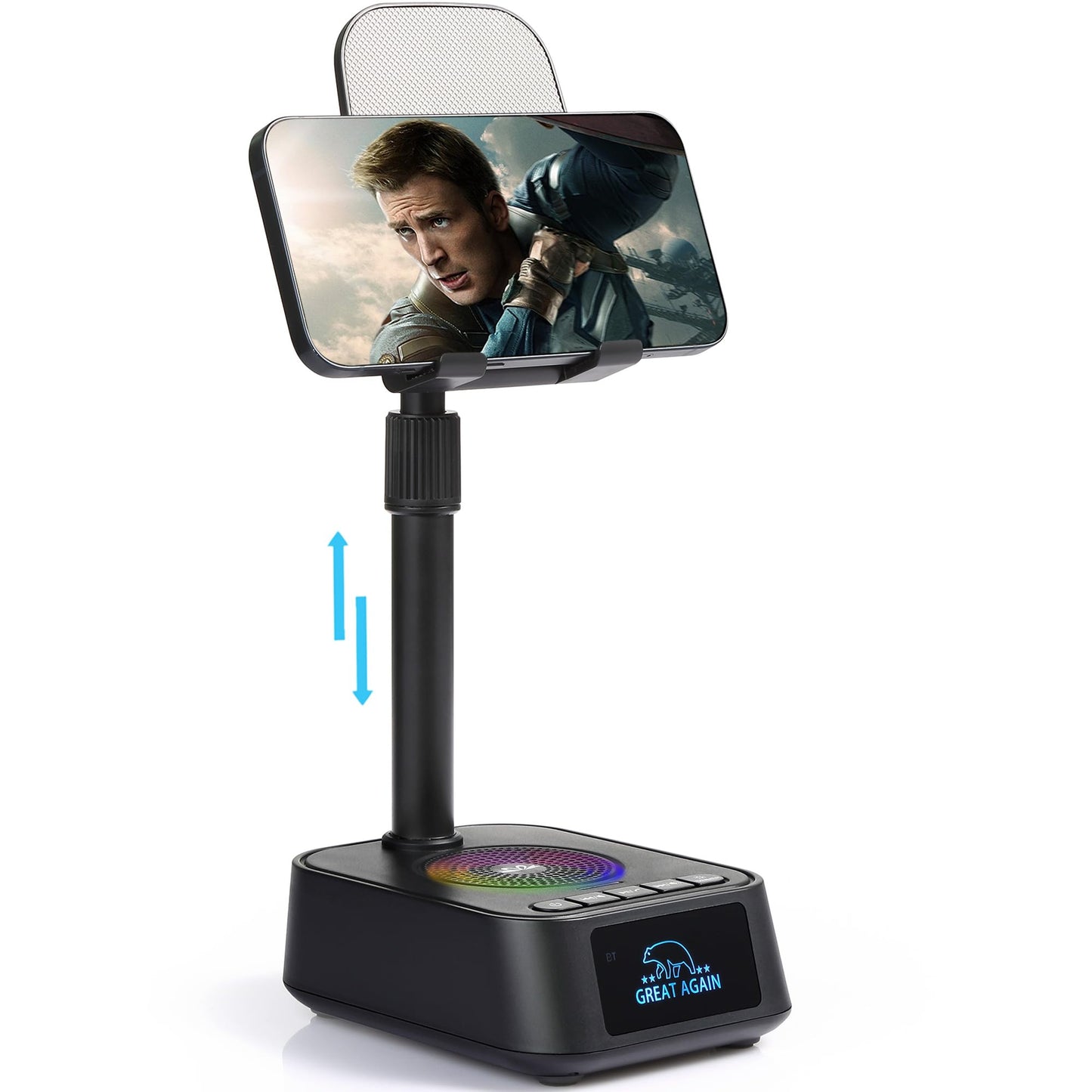 DAOCE Gifts for Men Women, Phone Stand with Bluetooth Speaker, Birthday Gifts Him Her, Adjustable Height Phone Holder with HD Stereo Sound Fits All