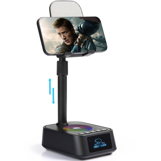 DAOCE Gifts for Men Women, Phone Stand with Bluetooth Speaker, Birthday Gifts Him Her, Adjustable Height Phone Holder with HD Stereo Sound Fits All