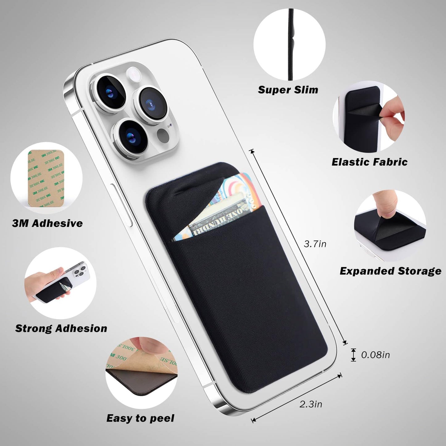 3Pack Cell Phone Card Holder Pocket for Back of Phone,Stretchy Stick on Wallet Credit Card ID Case Pouch Sleeve Self Adhesive Sticker with Flap