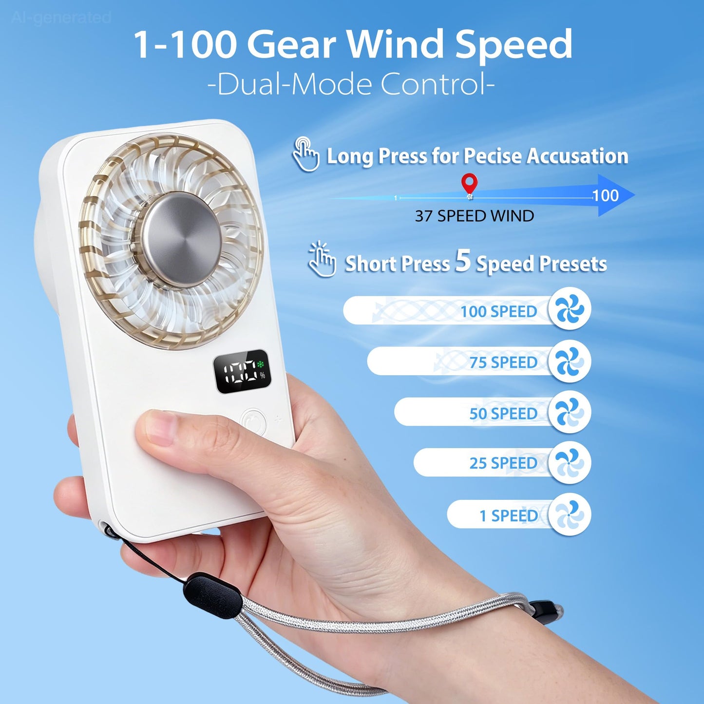 Riecin Portable Handheld Mini Fan, Semiconductor Personal Fan with Ice Cooling Plate, 100 Speed Wind, USB Rechargeabe Portable Fan with LED Display