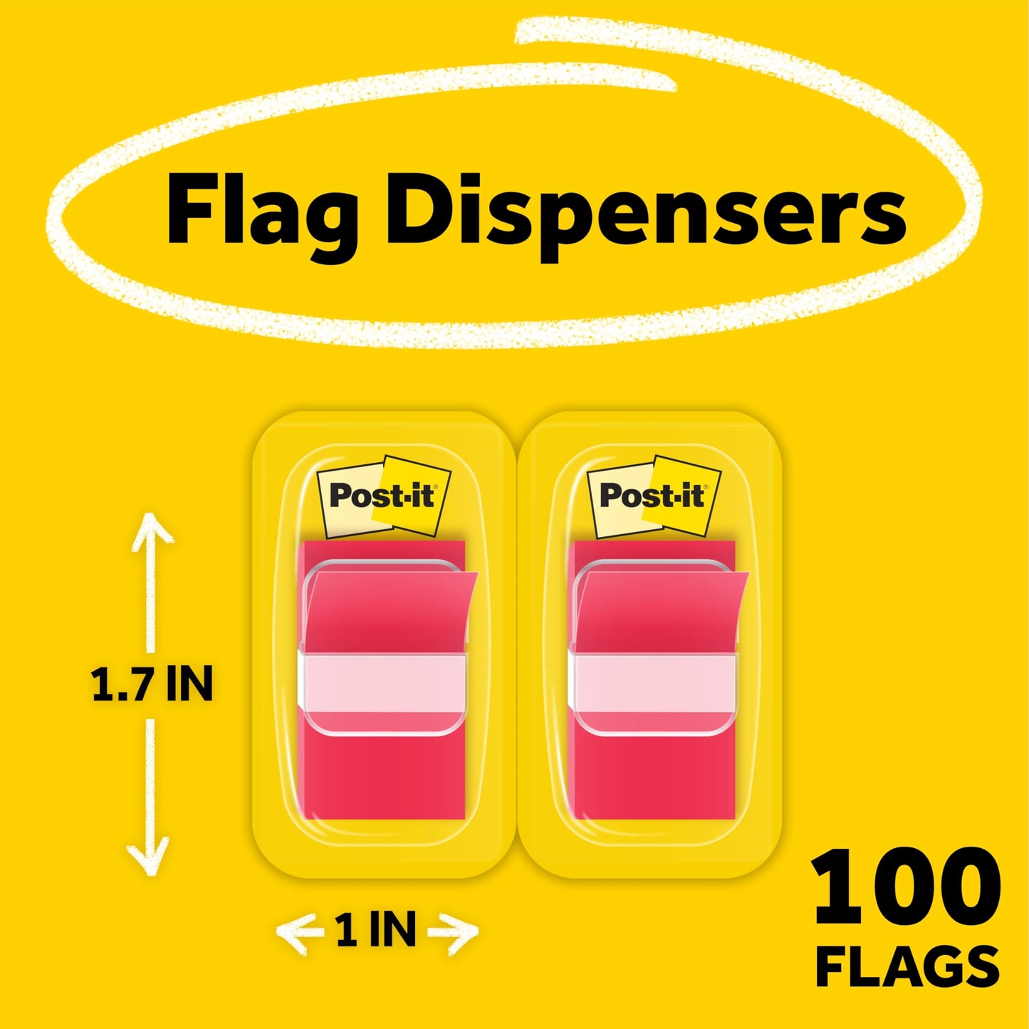 Post-it Flags, 1 x 1.7 in, Red, 2 Dispensers, 50 Flags/Dispenser