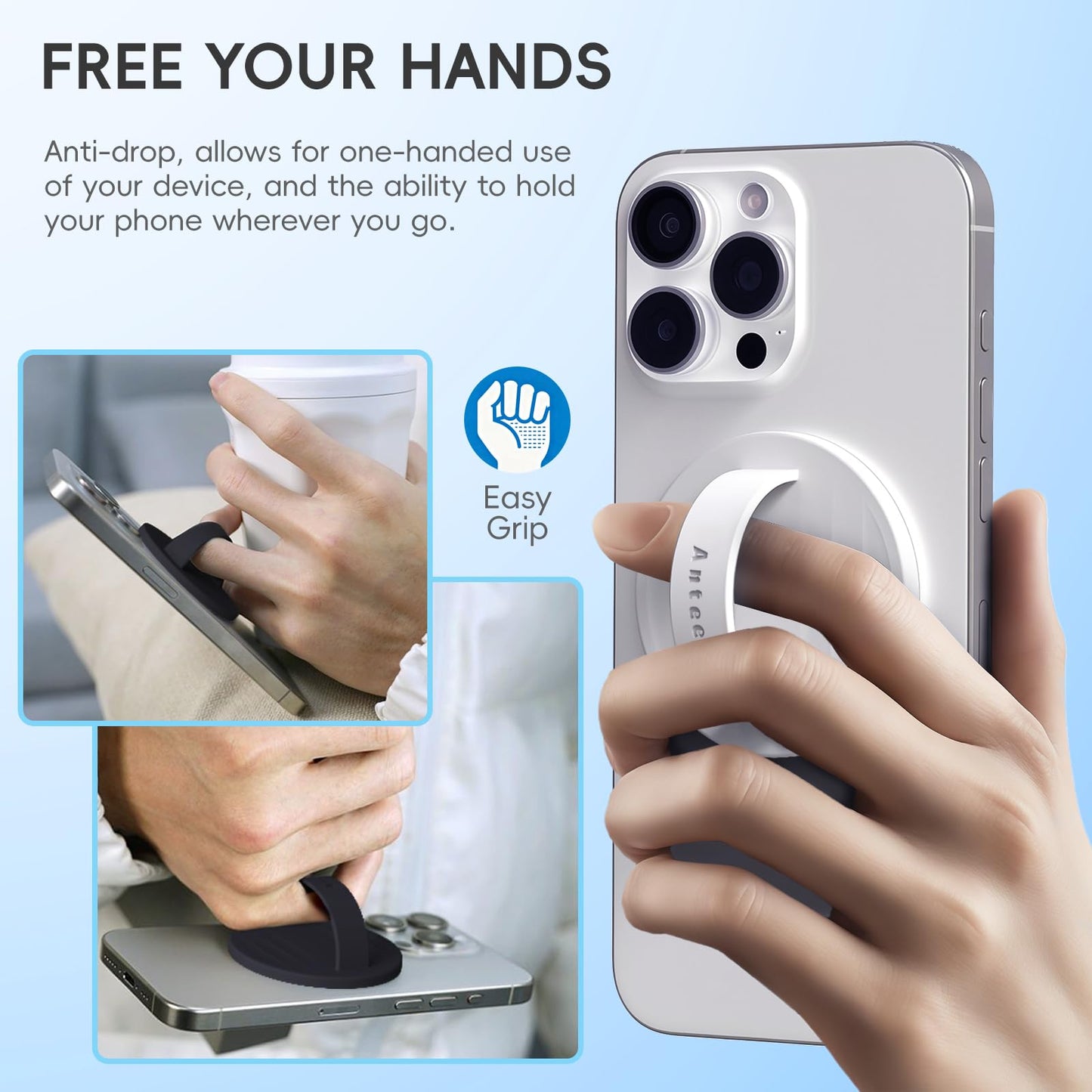 Anteel Magnetic Phone Grip, Liquid Silicone Comfy and Portable, Removable Finger Loop Ring Holder for iPhone, Compatible with Magsafe Magnetic Phone