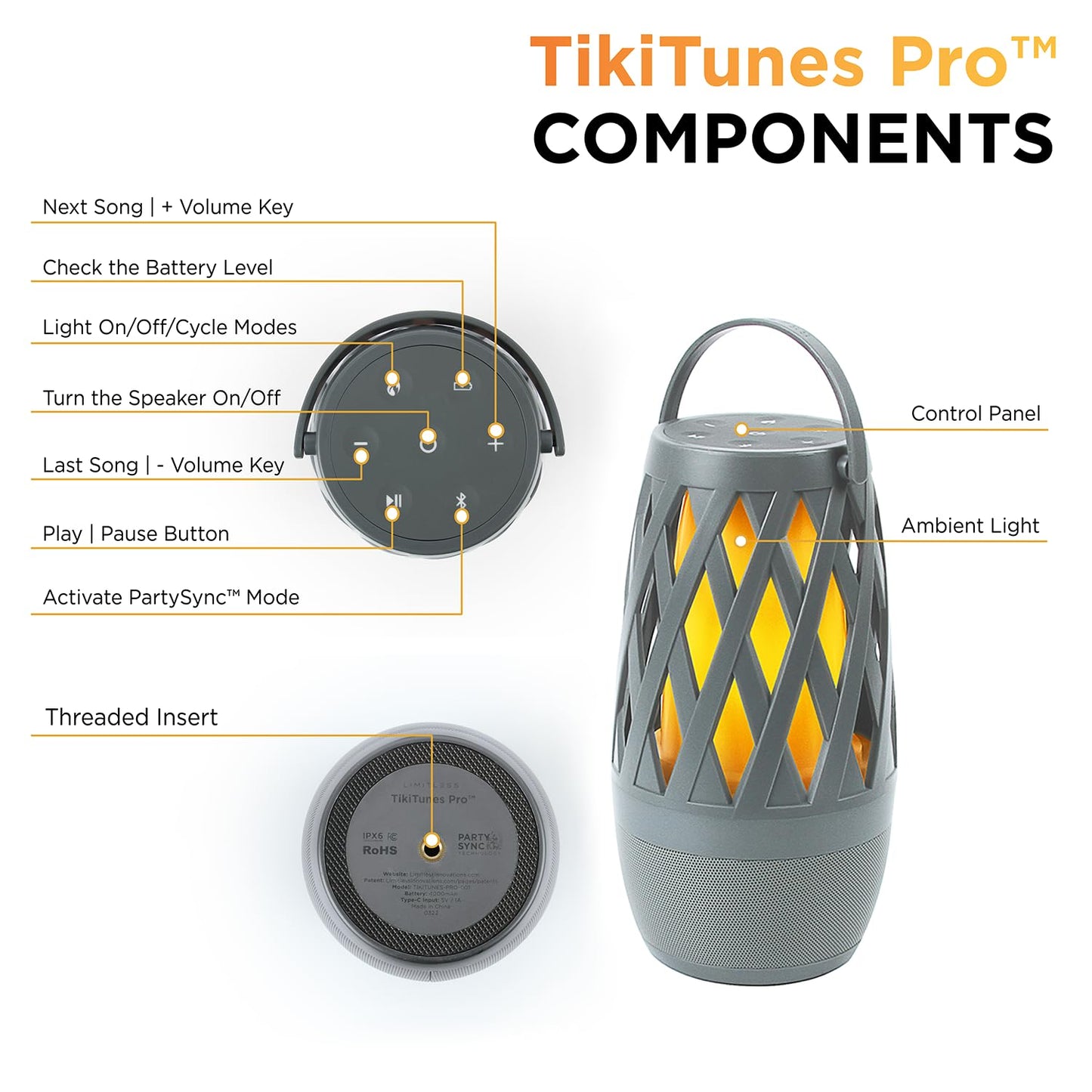 Limitless TikiTunes Pro Portable Bluetooth 10-Watt Speaker with 3-Mode LED Flame Light, Pair up to 100 Speakers, 4000 mAh Battery