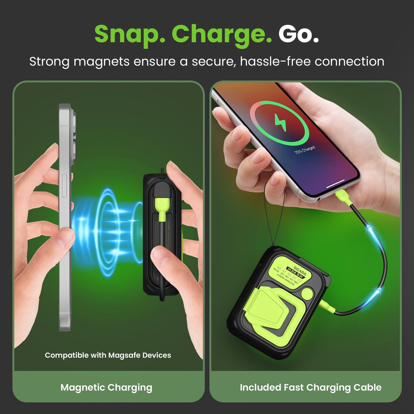 GEARit 3 in 1 10000mAh Magnetic Power Bank - Wireless Battery Pack with USB-C & Lightning Cables Fast Charging Portable Charger Compatible