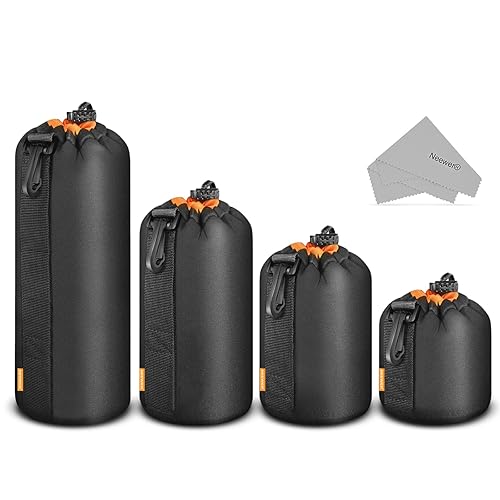 NEEWER Camera Lens Pouch (4 Packs, 4 Sizes) Thick Protective Bag with Drawstring Design, Orange Interior, Soft Plush Neoprene Bag for Sony, Canon