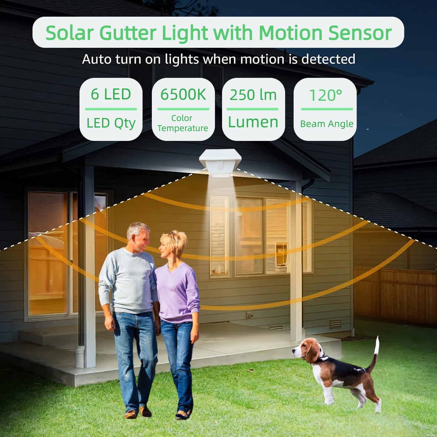 Solar Gutter Lights Motion Sensor Outdoor Security Light (2 Pack), LED (6-Diode) Waterproof Durable Fence Gutter Driveway Garden Patio Path Decking