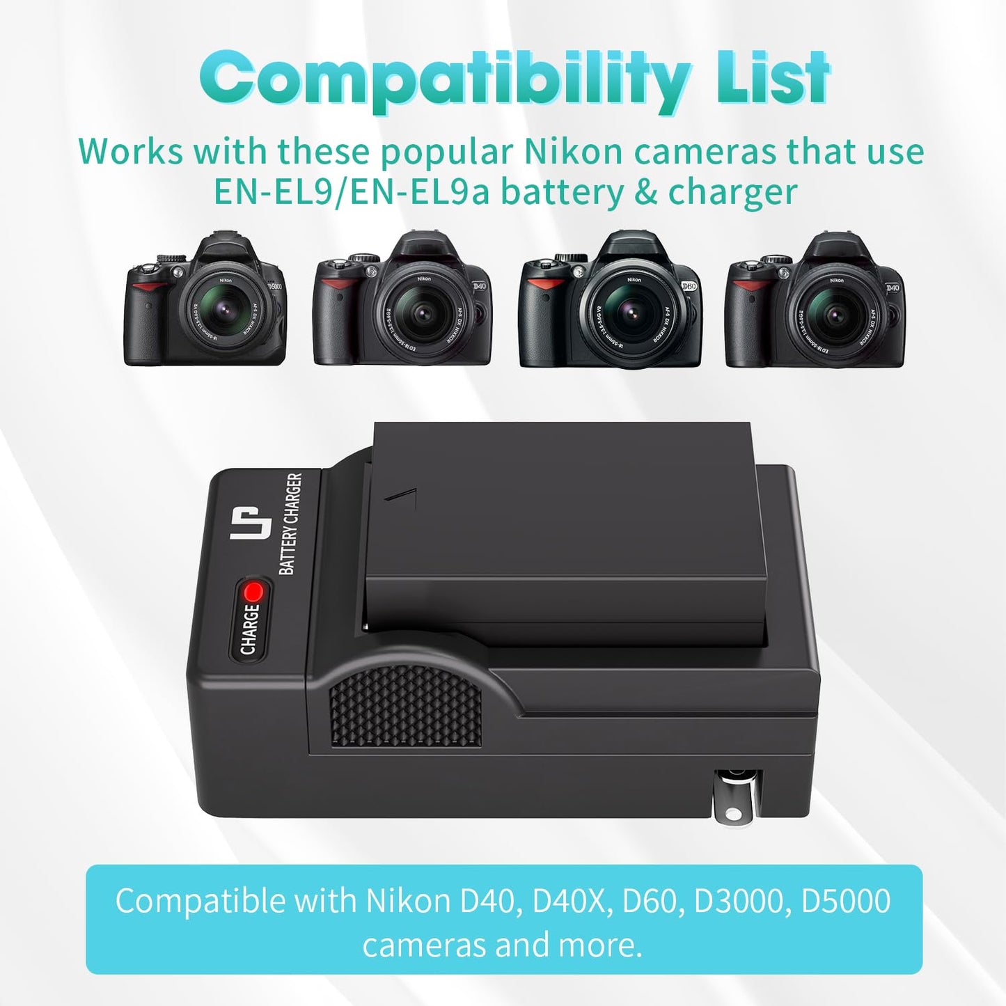 EN-EL9 EN EL9a Battery Charger Pack, LP Charger Pack Compatible with Nikon D40, D40X, D60, D3000, D5000 Cameras, Replacement for Nikon EN EL9, EN-EL9a