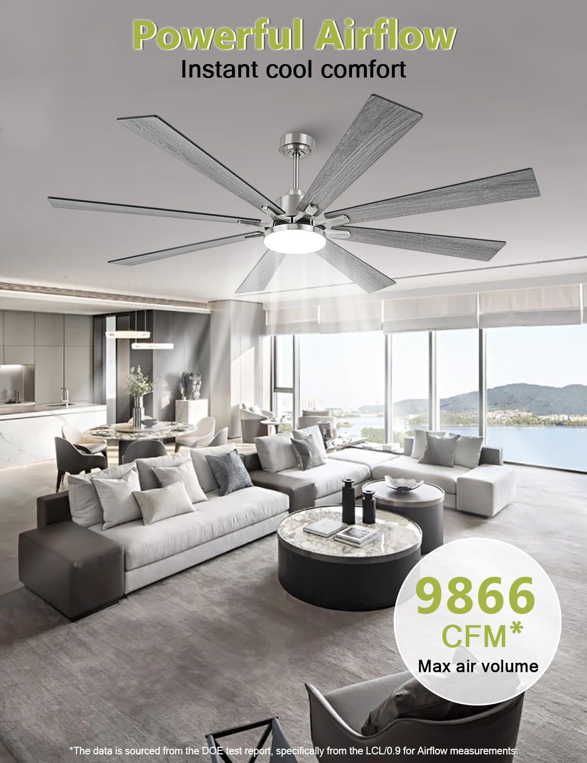 Vaczon 72 Inch Modern Ceiling Fans with Lights and Remote Nickel Large Airflow Ceiling Fan,Dimmable Lighting, Reversible DC Motor, Noiseless, Indoor
