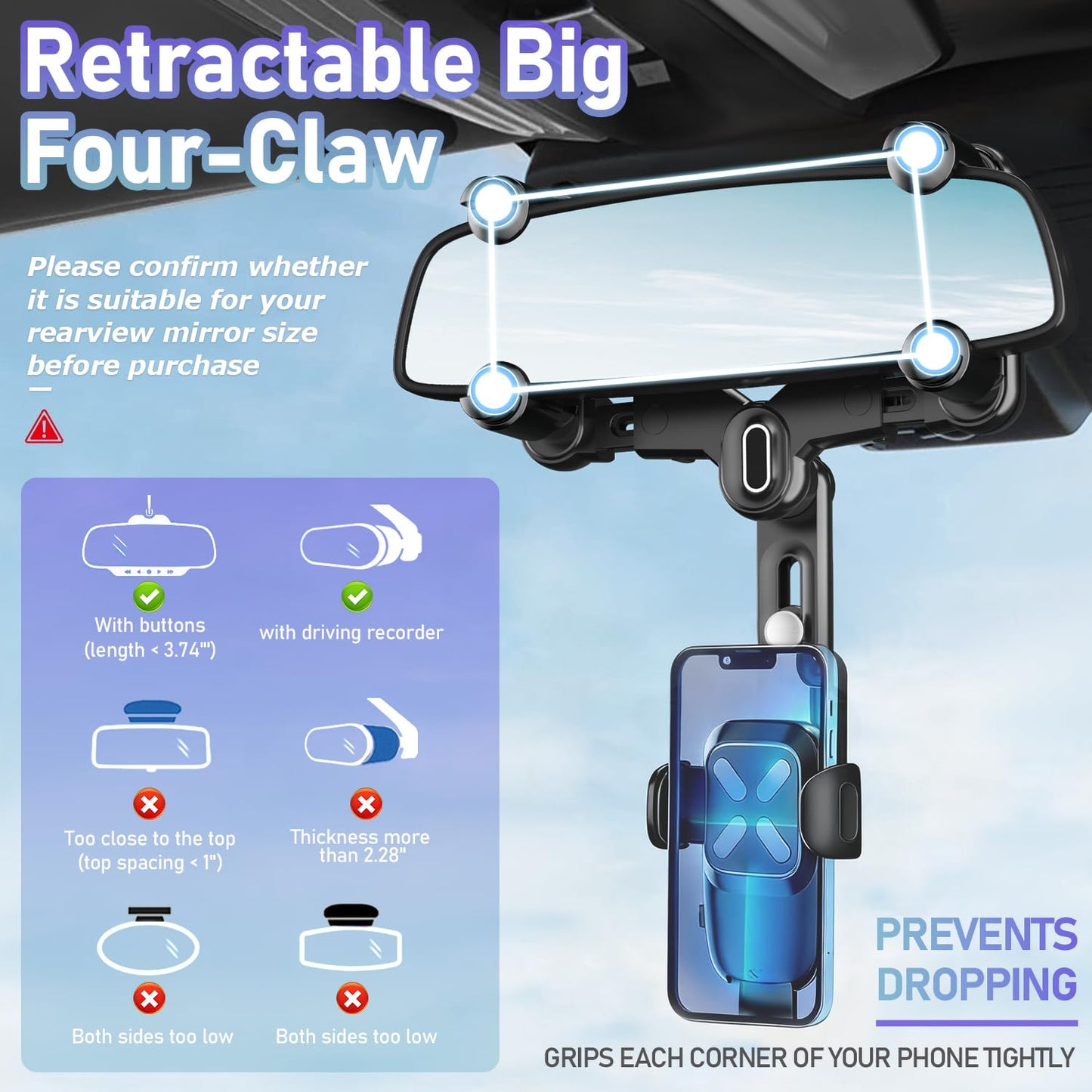 WUITIN Car Phone Mount, 360 Rotatable and Retractable, Anti-Shake Design, Compatible with Samsung, iPhone, Sony