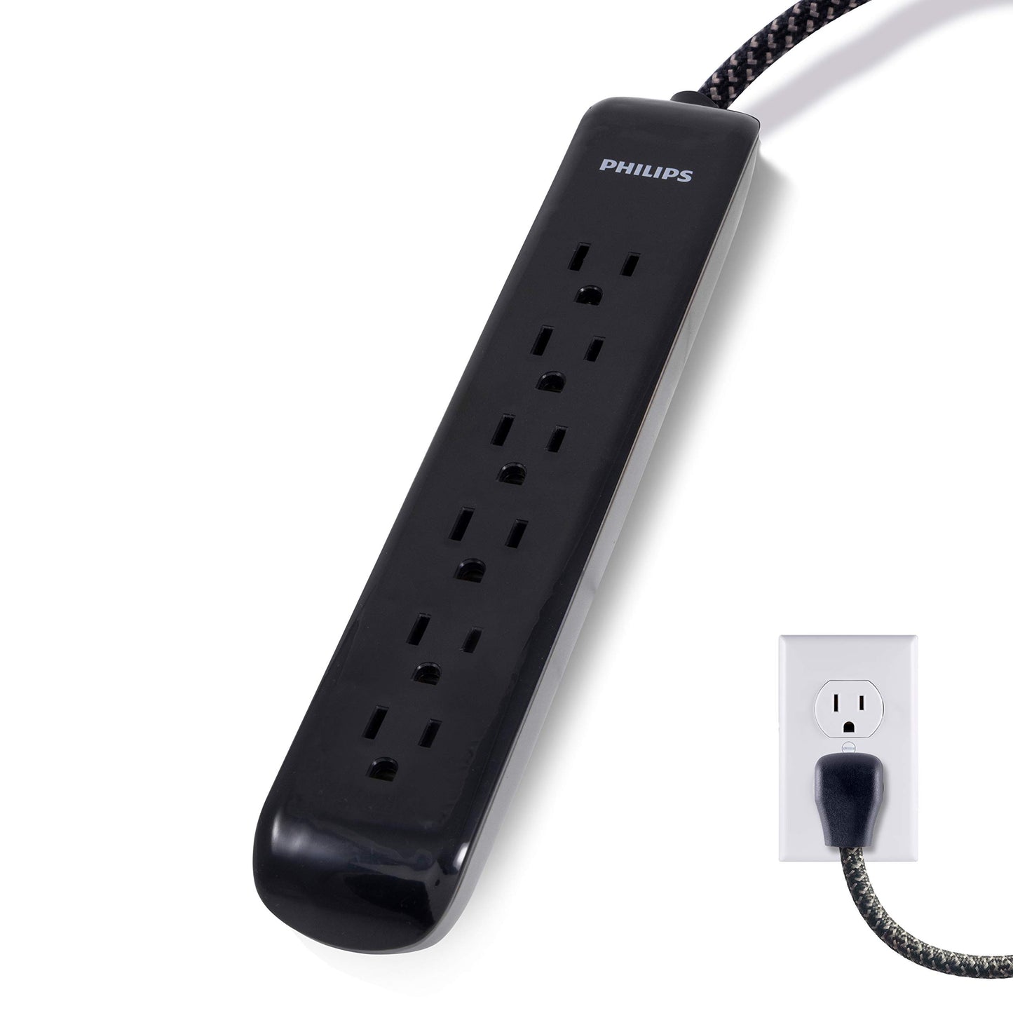 Philips 6 Outlet Surge Protector Power Strip, Designer Braided Power Cord, 4 Ft Power Cord, Flat Plug Extension Cord, Perfect for Office or Home