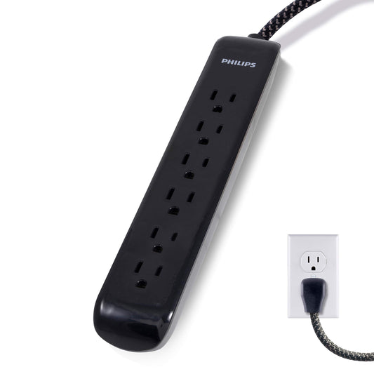 Philips 6 Outlet Surge Protector Power Strip, Designer Braided Power Cord, 4 Ft Power Cord, Flat Plug Extension Cord, Perfect for Office or Home