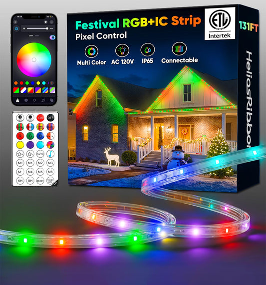 131FT Outdoor LED Strip Lights RGB+IC with Warm&Cool White, ETL Listed Music Sync Light Strip AC 120V, IP65 Waterproof and Connectable, for Party
