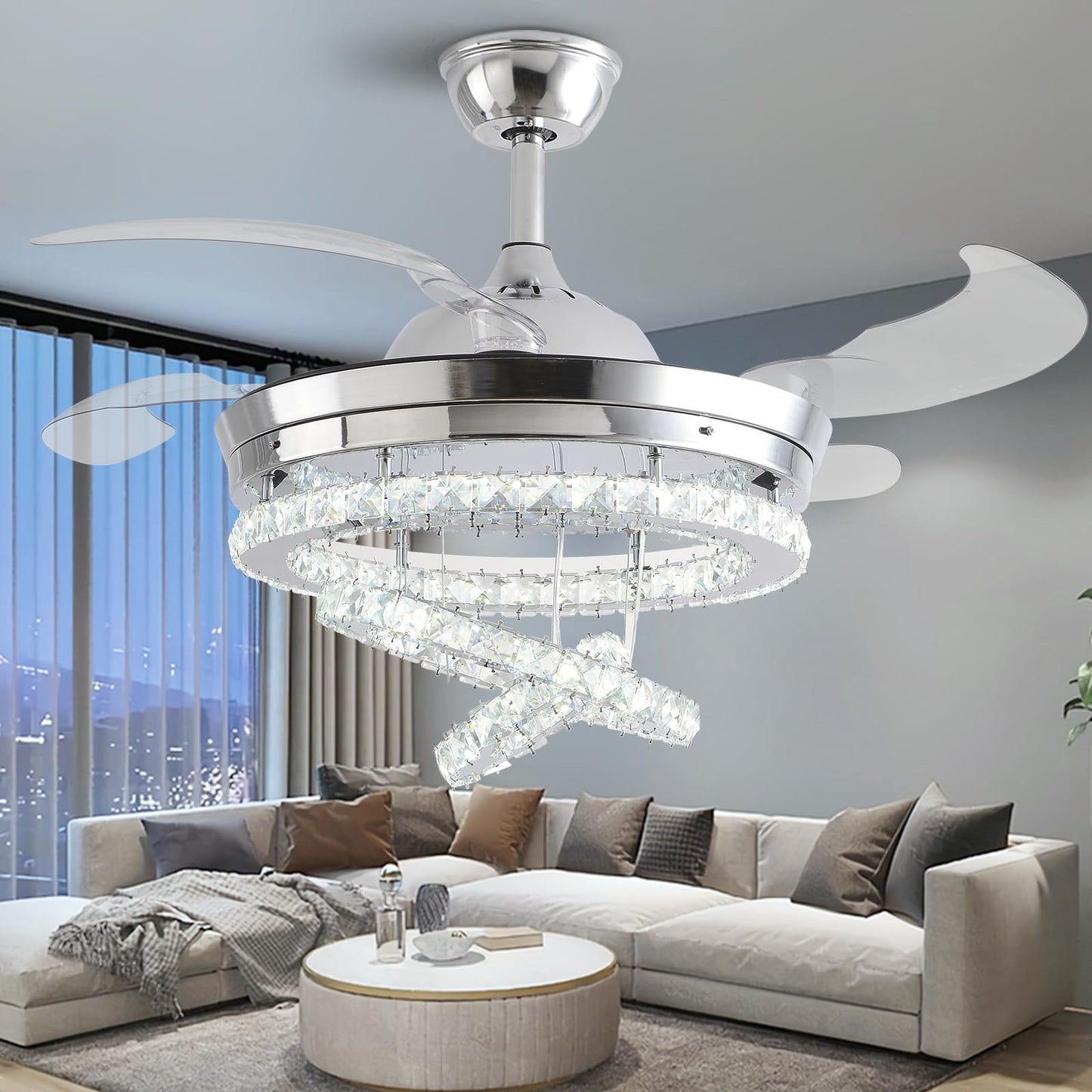 42" Crystal Ceiling Fan with Lights,Modern DIY Crystal Chandelier Ceiling Fan with Remote Control,Invisible Retractable Ceiling Fan for Living Room