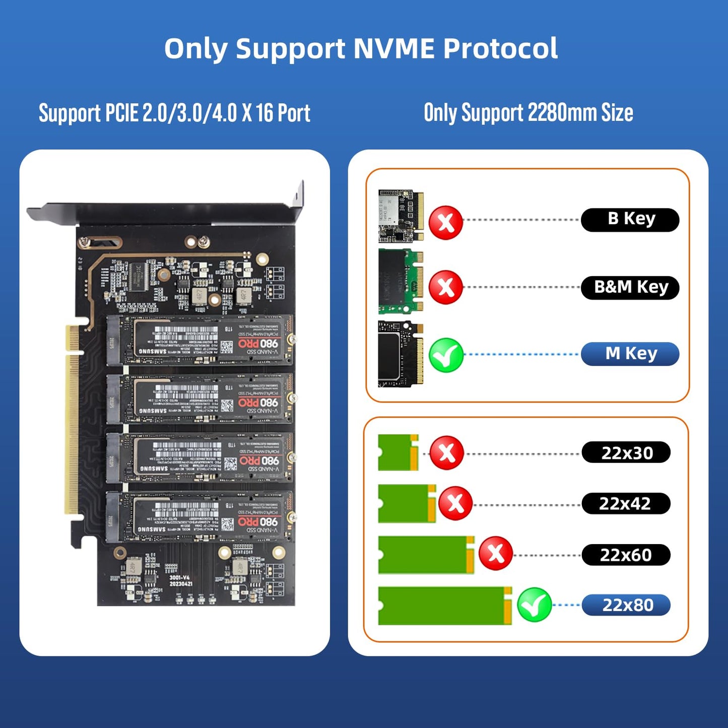 KONYEAD pcie4.0 x16 to m.2 m-Key nvme x 4 ssd Expansion Card with Heatsink?Supports 4 NVMe M.2 2280 up to 256Gbps?M2 Adapter Card 2280 Driver Free