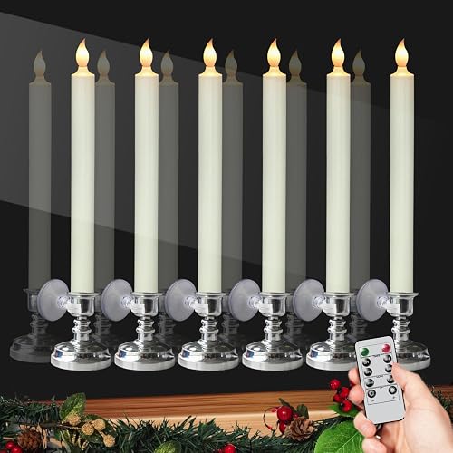 DRomance Flameless Window Candles with Remote and Timer, Battery Operated LED Taper Candles with Suction Cups Set of 6 Christmas Window Candle Holiday