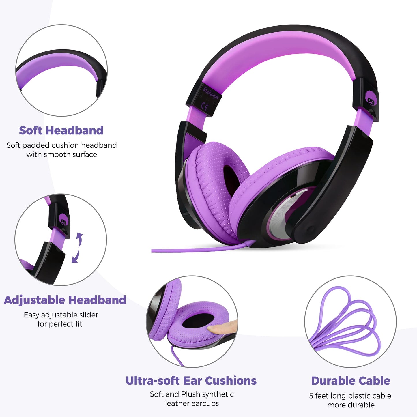 rockpapa Comfort Kids Headphones for School, Lightweight Childrens Boys Girls Teens Over-Ear Headphones Wired 3.5mm for CD DVD Player Tablet Phone…