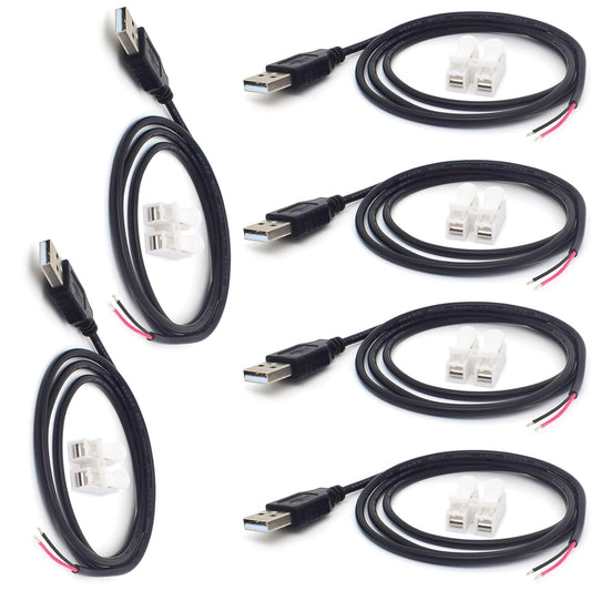 minidodoca 6Pcs 3.3Ft 22AWG USB 2.0 Male 2Pin Pigtail Cable, 3A 3V 5V 9V 12v 24v USB Type A 2 Core Bare Wire Open End Extension Cable with 6Pcs Quick