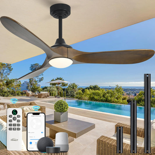 Homlit 52” Outdoor Ceiling Fan with Light, Compatible with Alexa/Google, 3 Walnut Solid Wood Blade, Noiseless Reversible Dc Motor, Smart Outdoor Wood