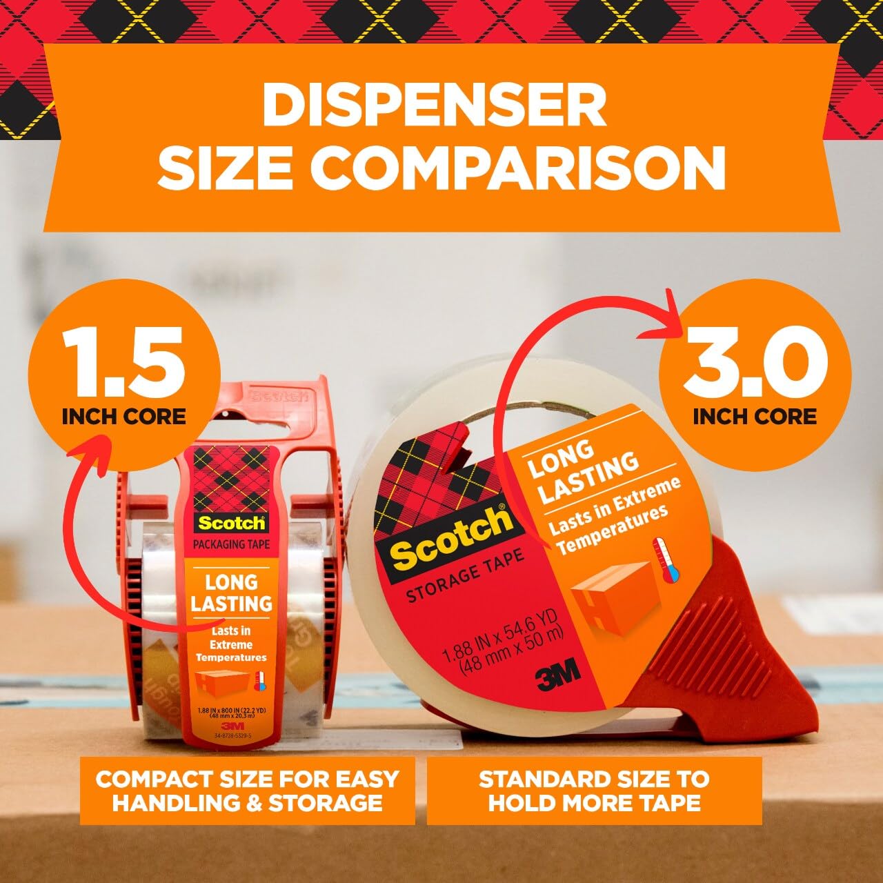 Scotch Long Lasting Storage Shipping Packaging Tape, 1.88" x 38.2 yd, 1 Roll with Dispenser (3650S-RD-ESF)