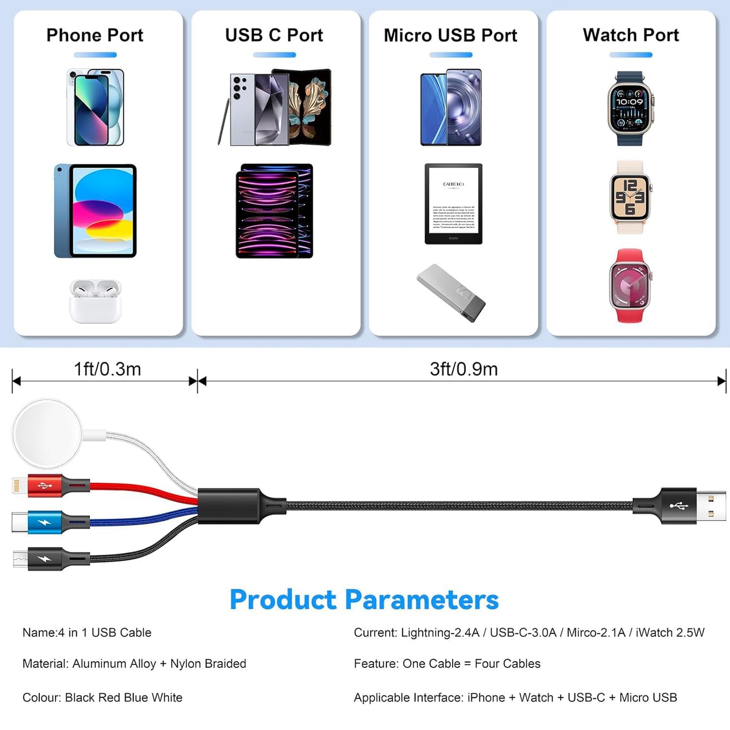 Multi Charging Cable Nylon Braided USB C/Lightning/Micro Port Compatible for Apple Watch Charger USB Magnetic Wireless Charger iWatch Series