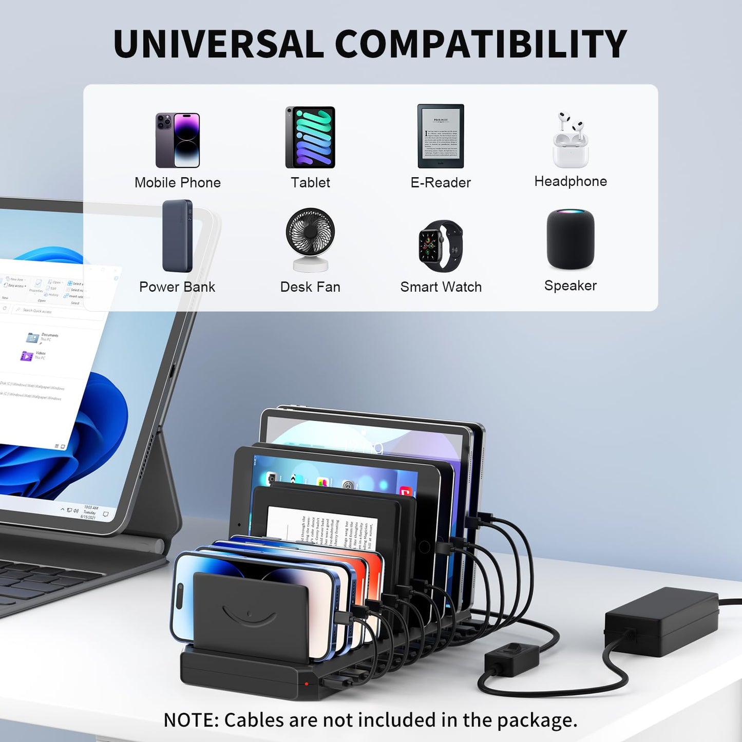 USB Charging Station for Multiple Devices, 10 Port 60W Multiple USB Charger Station with Adjustable Dividers, Fast Charging Station Hub for Hotels