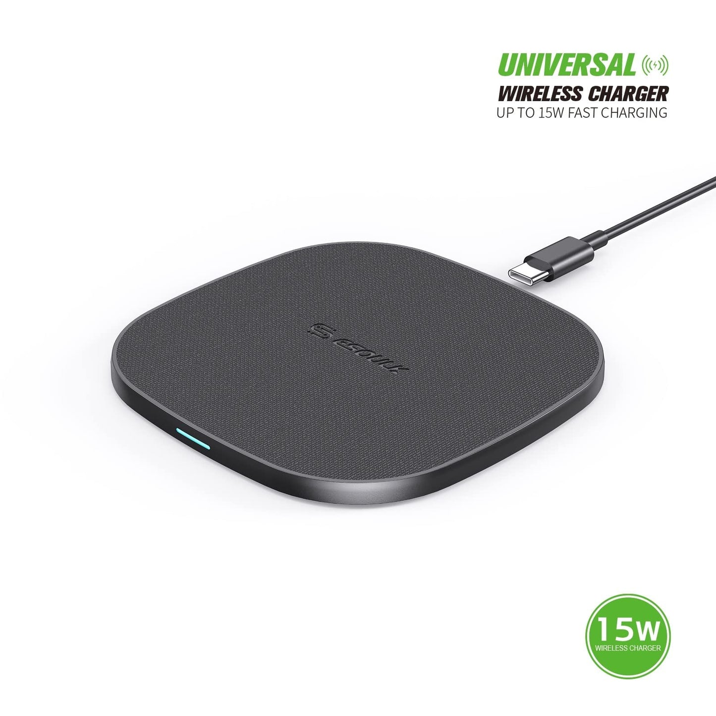 Esoulk Black 15W QI Wireless Charger & 5FT Type-C Charging Cable Slim & Compact - Fast Charger - Charging Plug/Brick not Included - Compatible