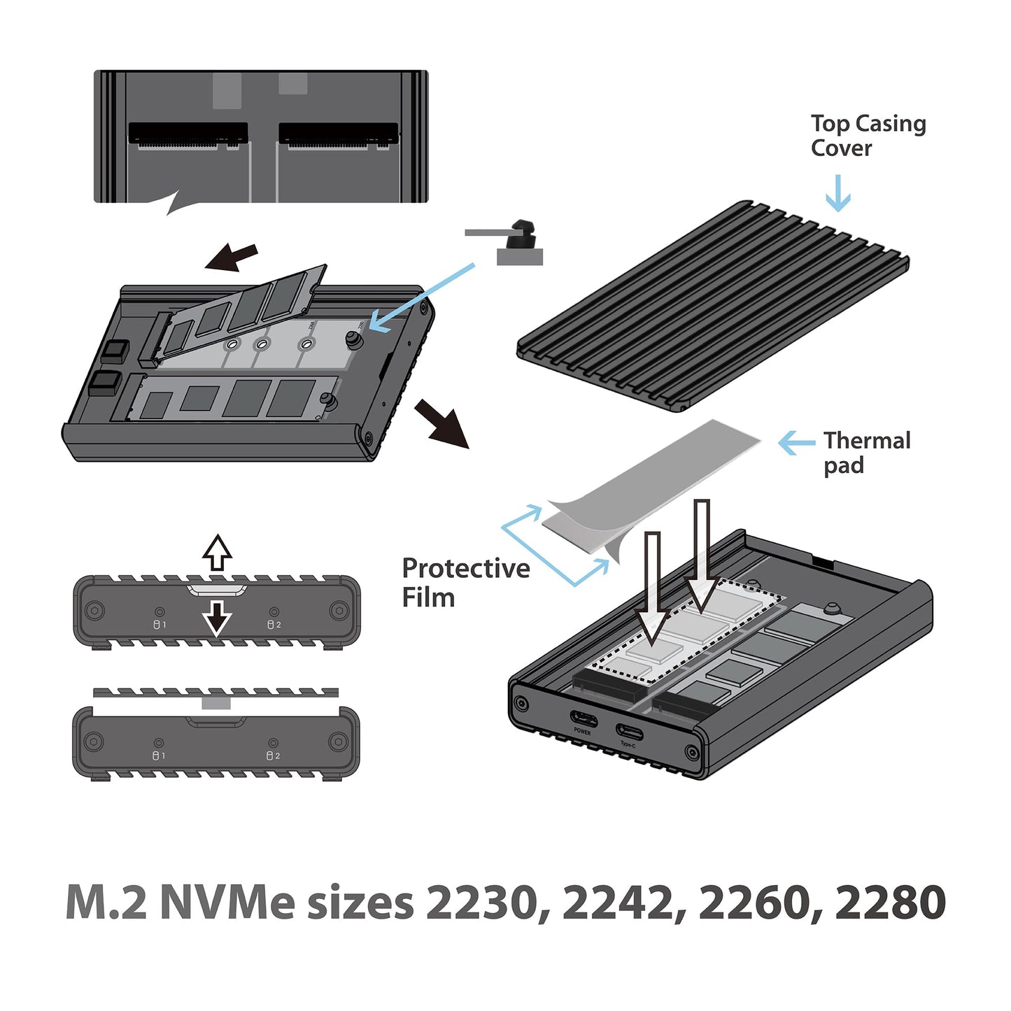 Vantec NexStar SX, USB 3.2 Gen2x2 (20Gbps), M.2 NVMe Enclosure only, USB C, Design for Two M.2 NVMe Storage (NST-262C3)