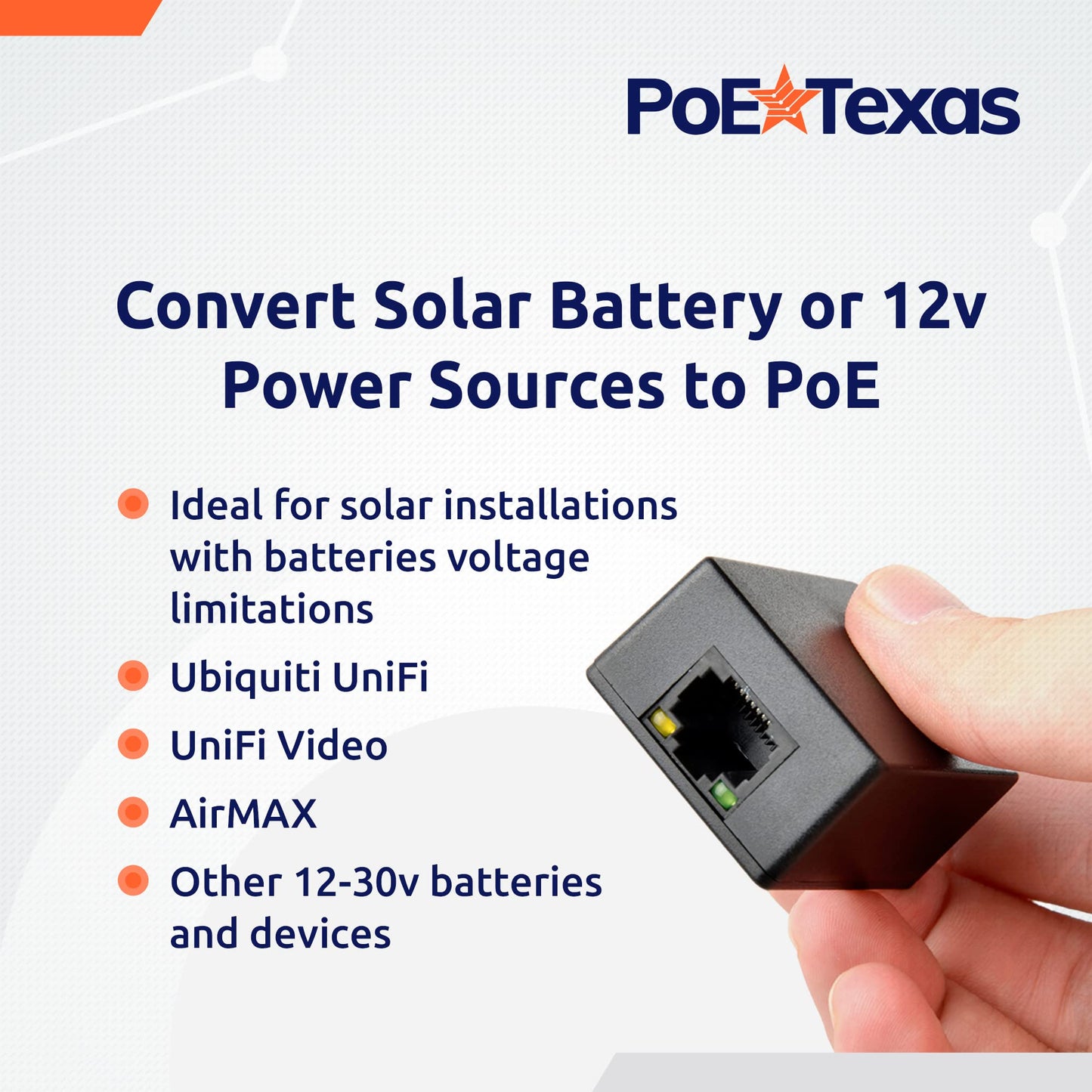PoE Texas Power Over Ethernet Inline Converter Injector for 12 Volt and Solar to POE Conversions - Convert 12-30v to PoE with Gigabit Data - Instantly