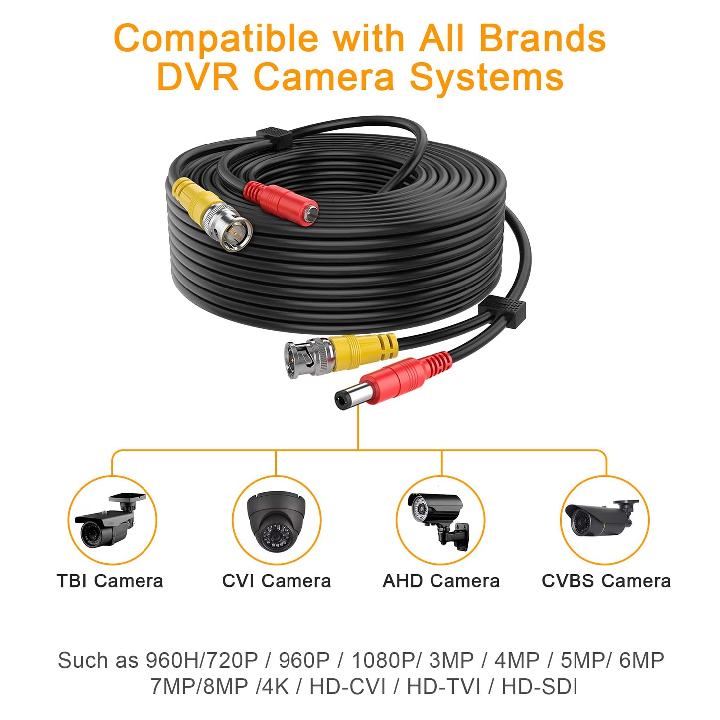 WILDHD [20AWG Cables] 100ft 8MP/4K BNC Cable All-in-One Siamese Video and Power Security Camera Cable, BNC Extension Wire Cord with 2 Female