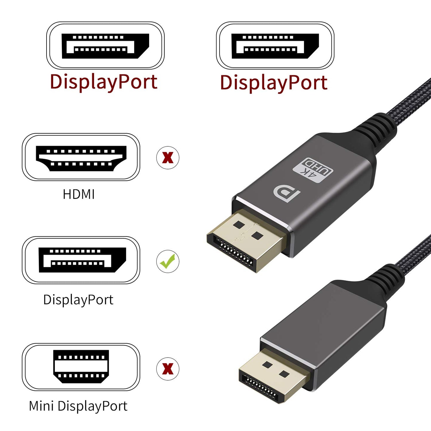 XOUPFORE DisplayPort Cable 1.2 6.6ft, High Speed DisplayPort to DisplayPort Cable Nylon Braided, Supports 4K@60Hz and 2K@144Hz for Laptop PC Projector