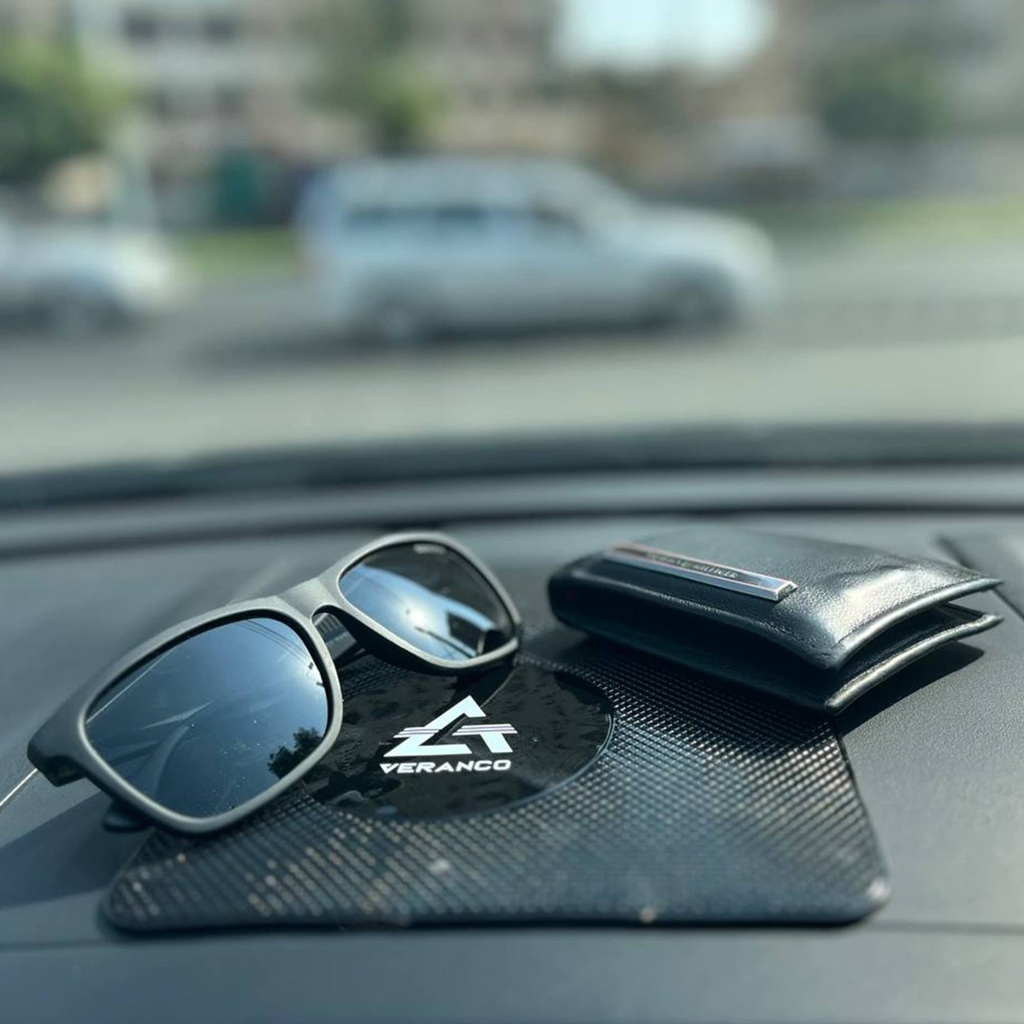 A VERANCO Car Dashboard Mat, 5.5x6.3 inches, PU Gel Material, Black, Universal Fit, Multifunction Anti-Slip Mat for Phone Holder, Radar Detector