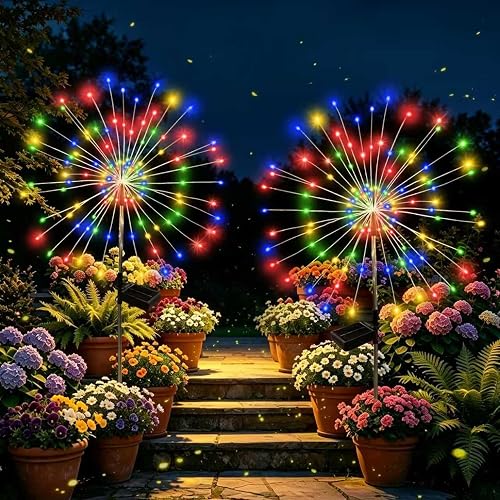 SEEWELUMI Solar Garden Lights Outdoor Decorative, 2pack 120 LED Firework Lights Waterproof?Solar Fairy Lights for Outside,Garden,Yard