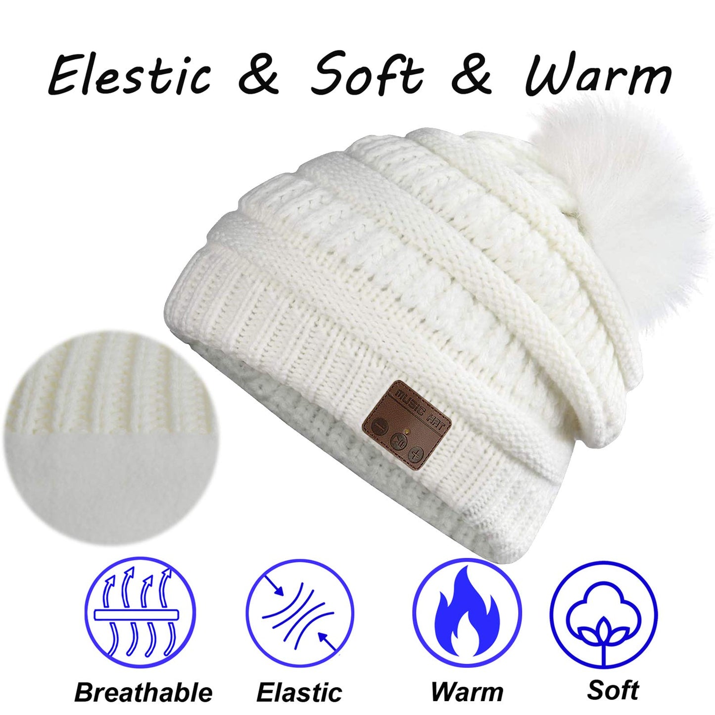 FashionLive Wireless Music Beanie Women Beanie Girls Hat Over Ear Headset Sports Stereo Headphone with Microphone Speaker Womens Beanie Cap Snow White
