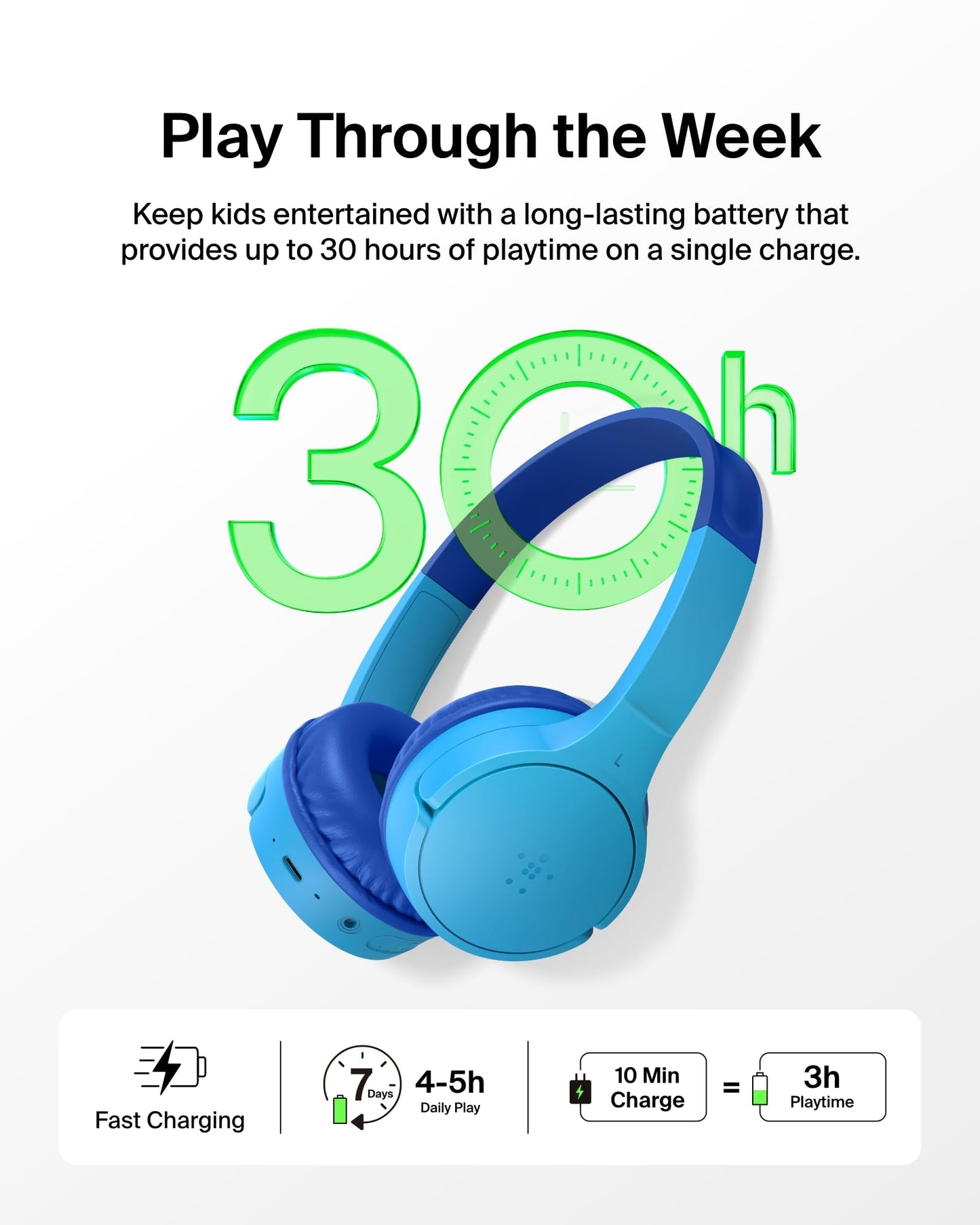 Belkin SoundForm Mini - Wireless Bluetooth Kids Headphones, 30H Battery, 85dB Safe Volume Limit, Built-in Microphone - Toddler On-Ear Earphones