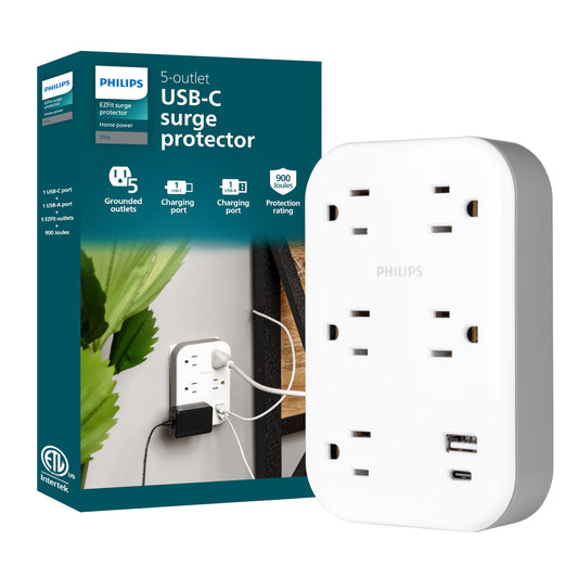 Philips EZFit 5-Outlet Extender Wall Tap with Surge Protection, Grounded Adapter, Charging Station, 3 Prong, 1 USB-A, 1 USB-C, 900J, White