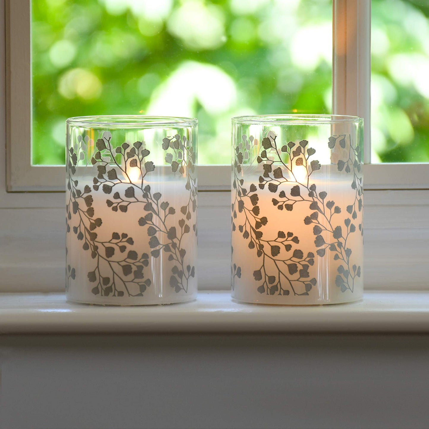 LumaBase Battery Operated LED Glass Candles with Flickering Flame, Silver Fern - Set of 2