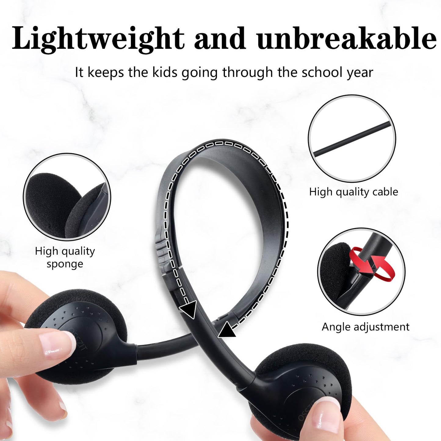 OSSZIT 30 Pack Class Set Headphones for Kids Students School Classroom Headphones Bulk Earphones Adjustable with 3.5 mm Jack for Library Children