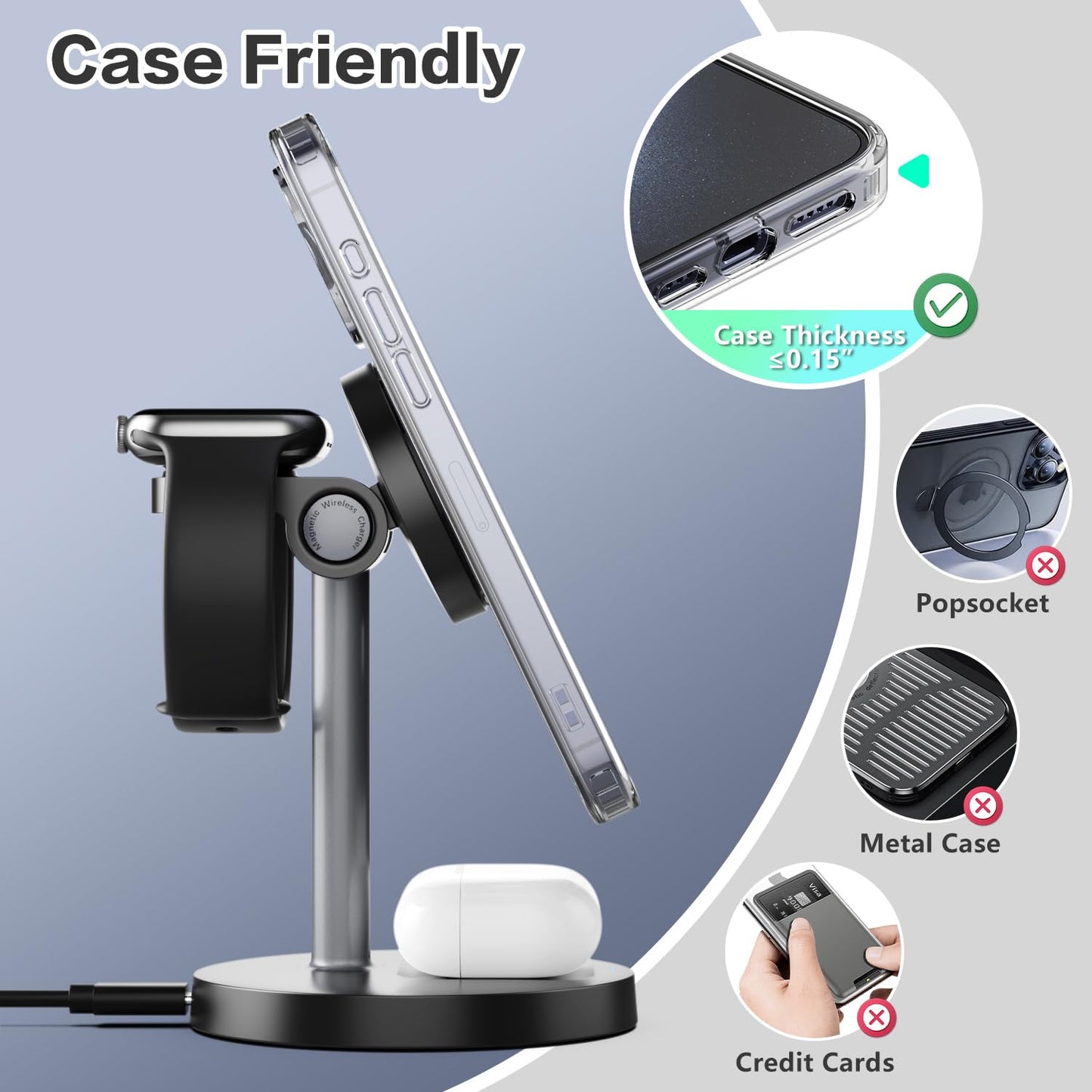 3 in 1 Wireless Charging Station Compatible with MagSafe, 15W Fast Charging Magnetic Mag-Safe Charger Stand for Apple iPhone 17 16 15 14 13 12Series