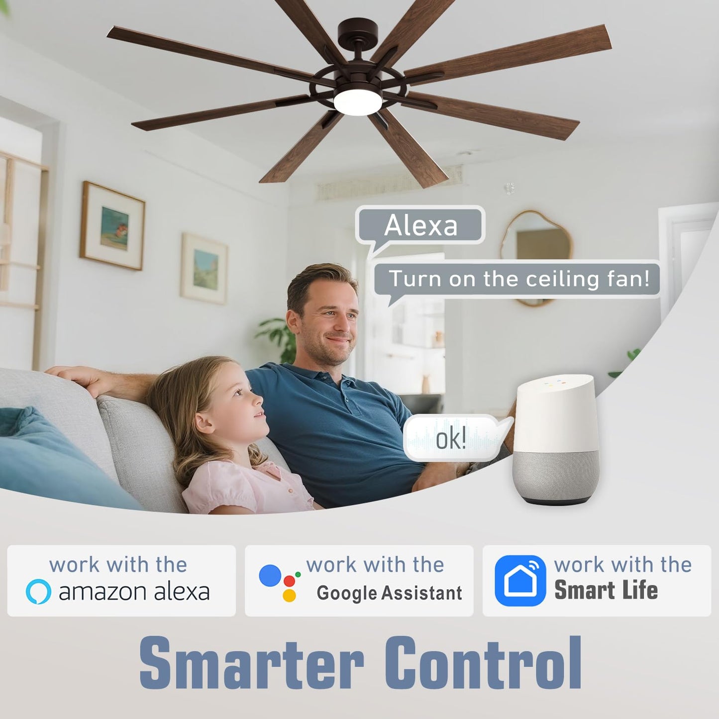 Homlit 72 Inch Smart Ceiling Fan with Light and Remote, Walnut Ceiling Fan with Quiet Reversible DC Motor, Control Via WiFi Alexa App, 3CCT Dimmable