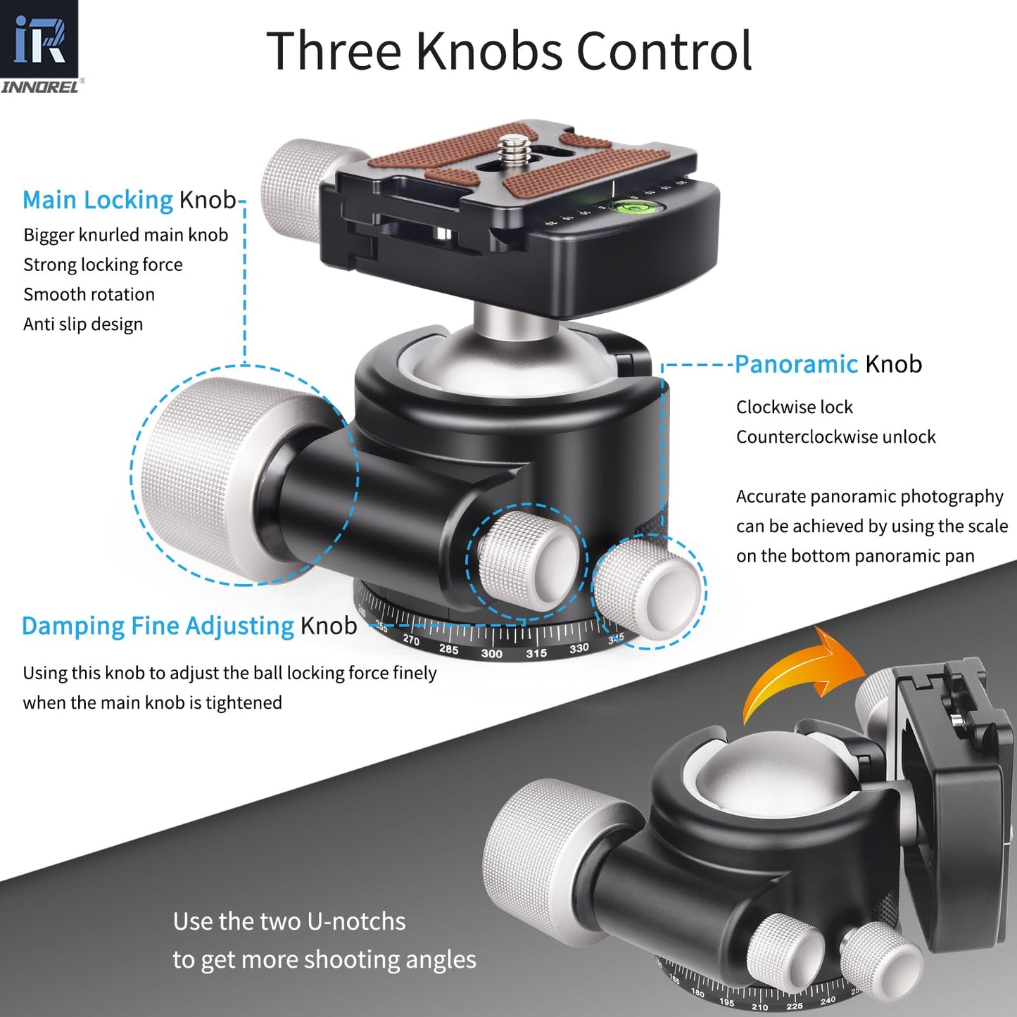 INNOREL 44mm Low Profile Camera Tripod Ball Head, CNC Metal Heavy Duty 360 Panoramic Tripod Head Compatible with Two Arca 1/4" Quick Release Plates