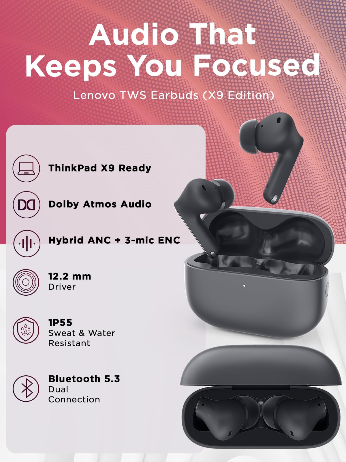 Lenovo TWS Earbuds - True Wireless Earbuds with Active Noise Cancellation, Dolby Atmos Sound, 3 Mic ENC, IP55, Thunder Grey
