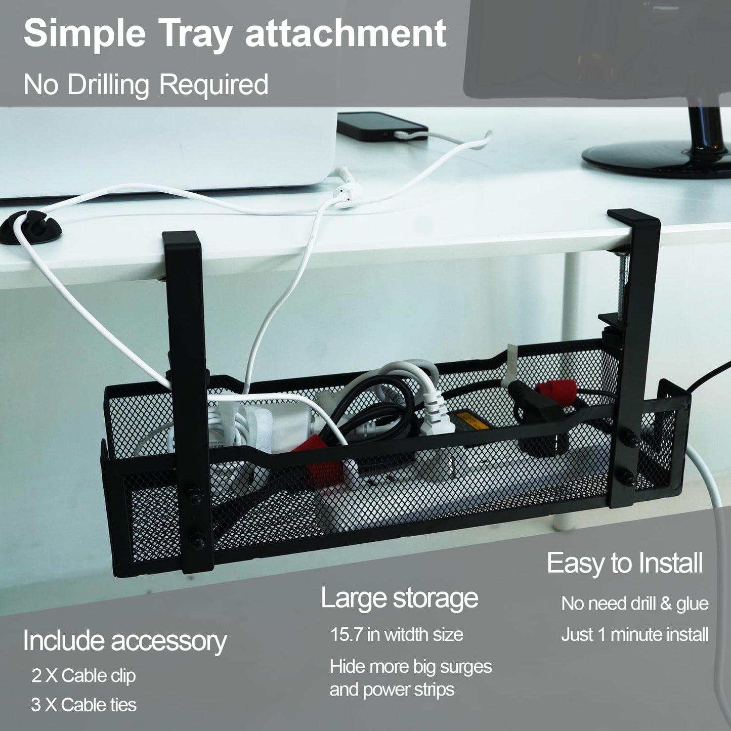 No Drill Under Desk Cable Management Tray with clamp-Premium Wire Tray Cord Organizer - Thin Steel Cable Tray Basket with Charger Holder for