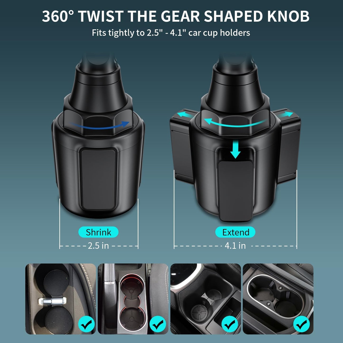 Adjustable Cup Phone Holder for Car Mount - 360° Rotation, Fits Car Cup Hole 2.5-4.1" Diameter, Wide Compatibility with 4.0-7.0 Inches Cell Phones