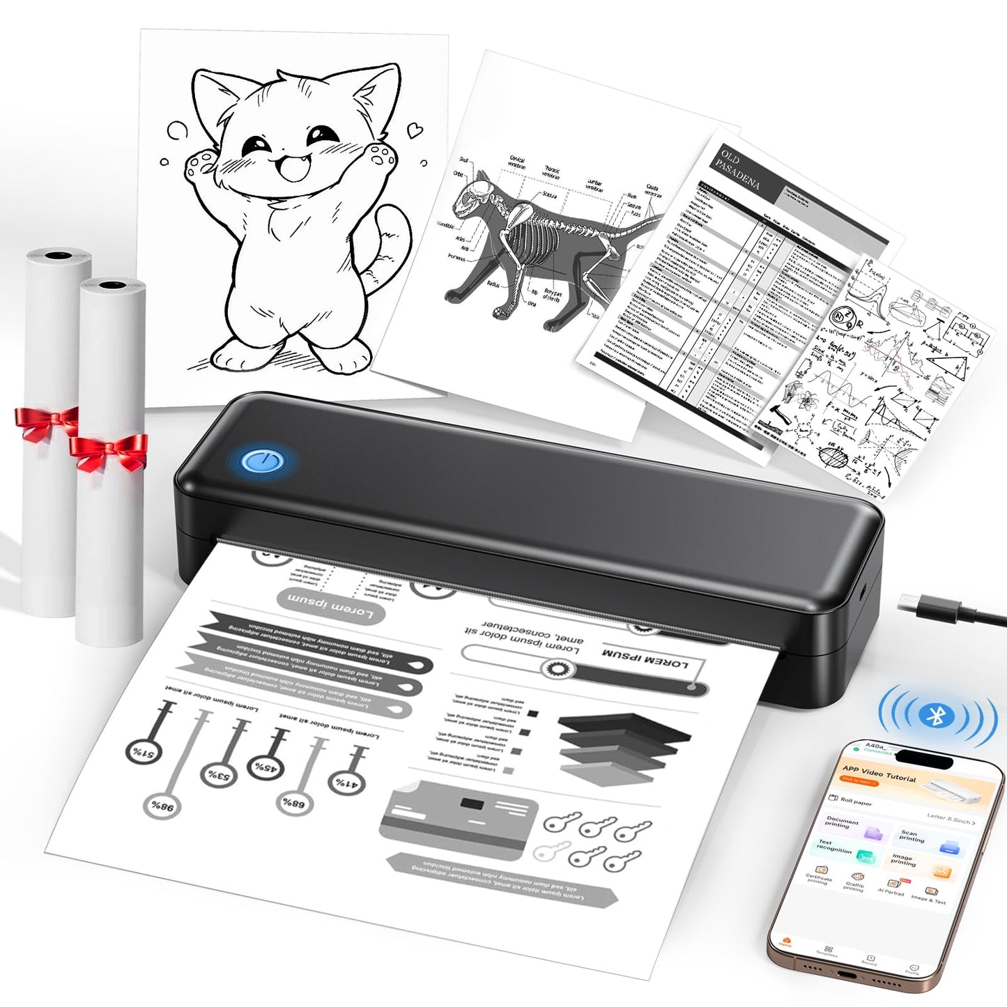 PEDOOLO Portable Printer Wireless for Travel - Inkless Thermal Printer, Supports 8.5x11 Inch Thermal Paper, Bluetooth Compatible