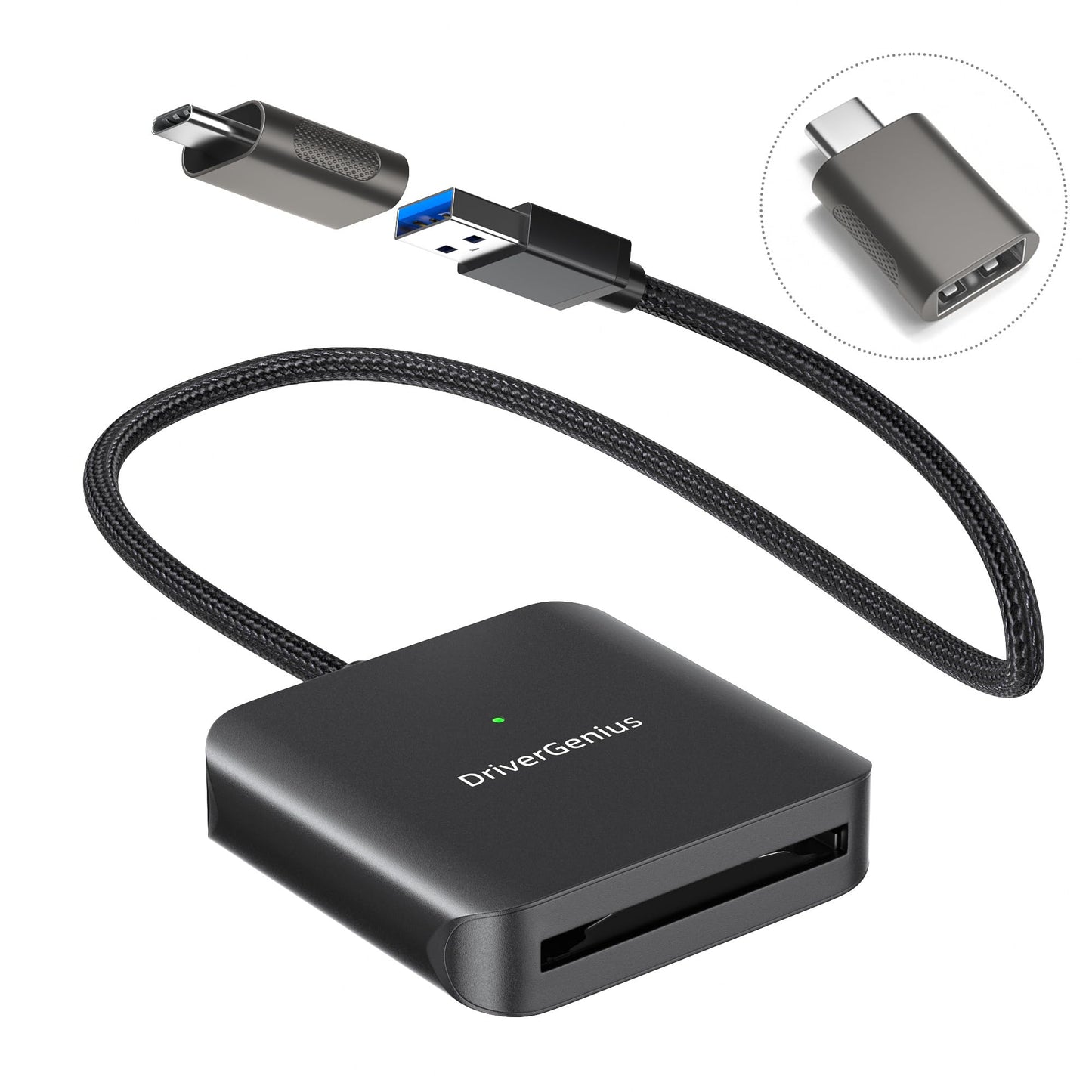 DriverGenius CFast 2.0 Card Reader with USB 3.0 &USB-C, 30cm/0.98ft Nylon Braided Cable, for Professional Photographers and Videographers (Metal