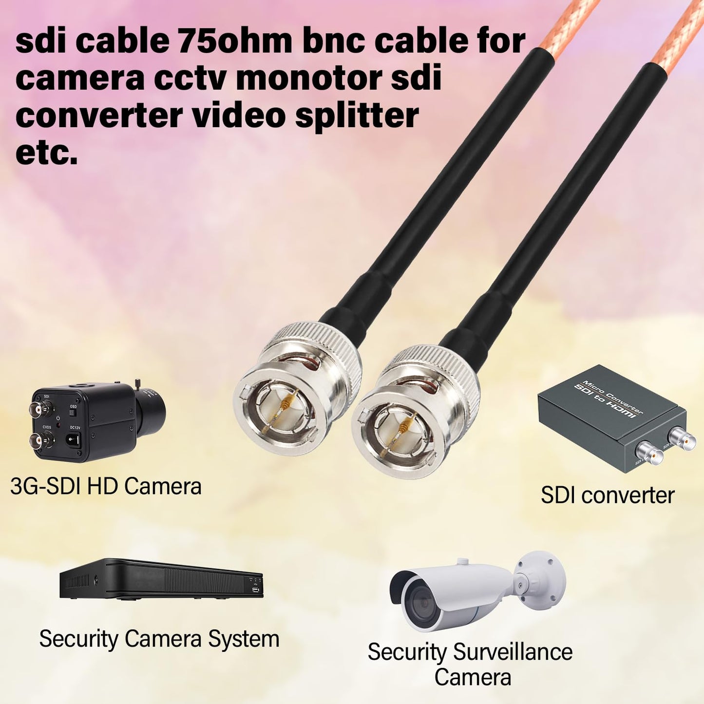 XRDS-RF SDI Cable 15ft, Flexible 3G HD BNC to BNC Video Cable 75 Ohm RG179 Extension for 4K 1080P Camera Monitor Vedio Recorder, SDI to HDMI Converter