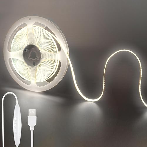 Clearhill 2PACK 5V USB COB LED Strip Lights with Dimmable Switch,16.4FT/5M,Cool White 6500K,320LEDs/M,8mm Width,Not Waterproof IP20,1.5M USB Switch