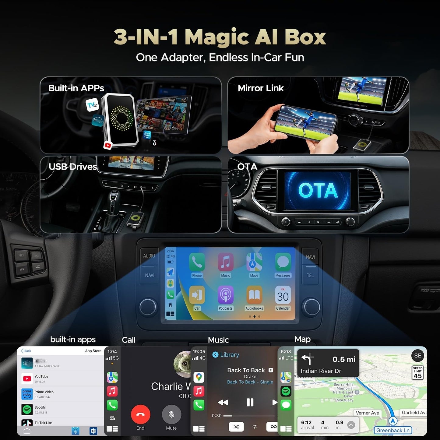 TOGUARDGO 3-in-1 Wireless Carplay Adapter Magic AI Box with YouTube TikTok APPs Upgrade Wired Car Play to Wireless Support USB Drive for iPhone 10+
