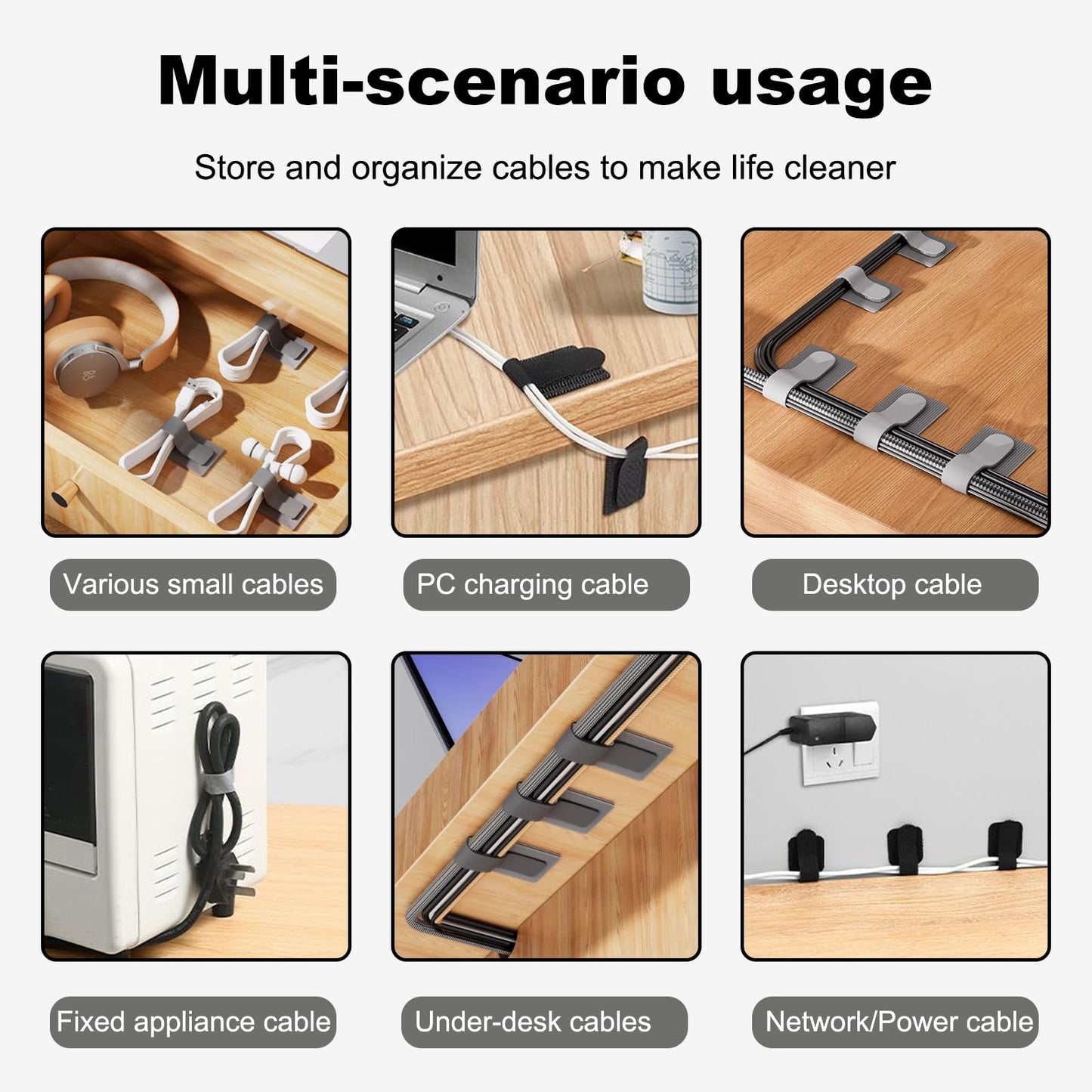 Strong Hold Self-Adhesive Cable Management Under Desk - 40 PCS Cord Organizers, Adjustable Hook and Loop Cable Ties, Reusable Cord Holder, Cable Hider
